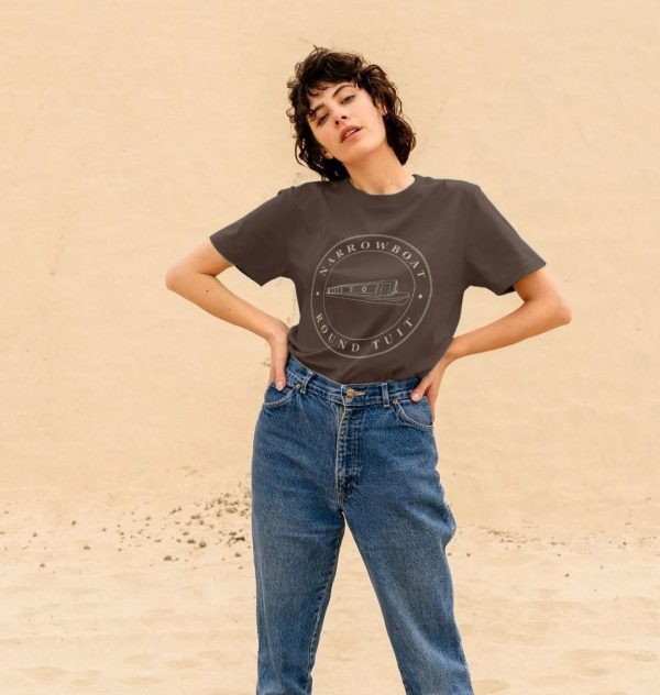 A photo of a woman wearing a chocolate coloured t-shirt