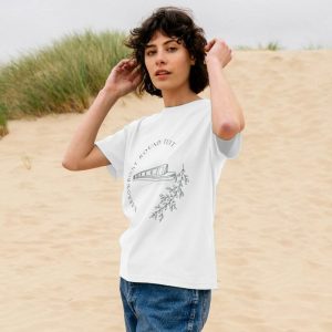 A photo of a woman wearing a white t-shirt