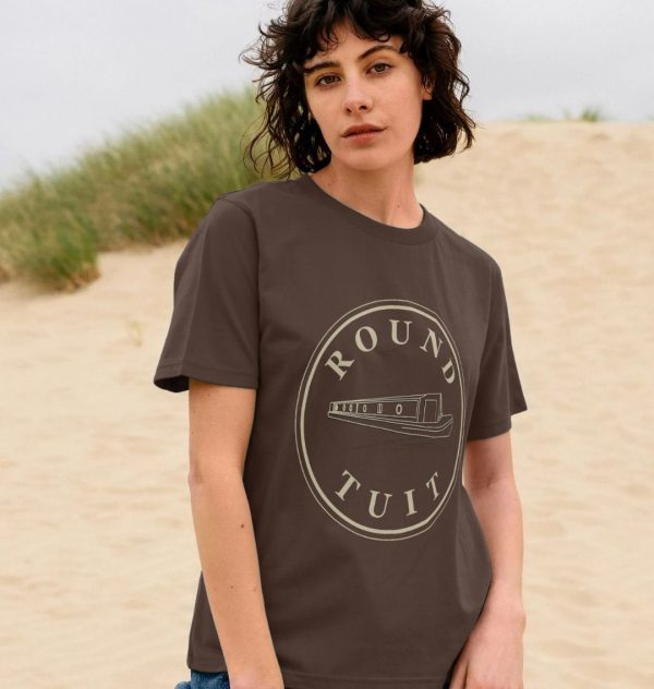 A photo of a woman wearing a chocolate coloured t-shirt