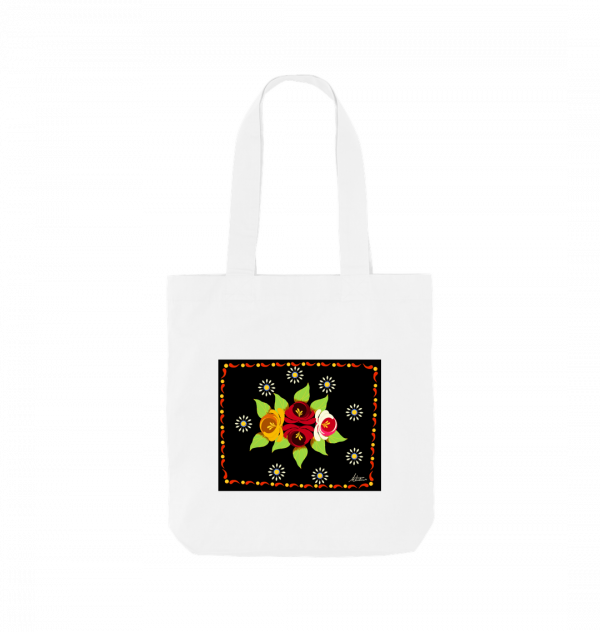 Cotton Tote Bag: Black Roses and Daisies Canal Art - Image 2