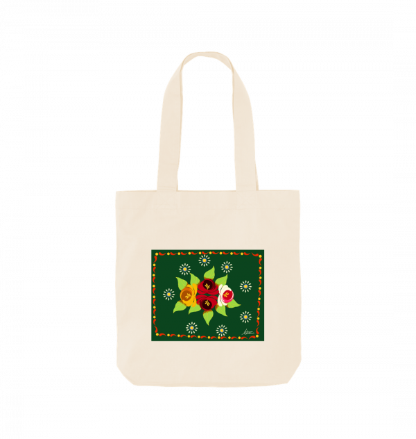 Cotton Tote Bag: Green Roses and Daisies Canal Art - Image 2