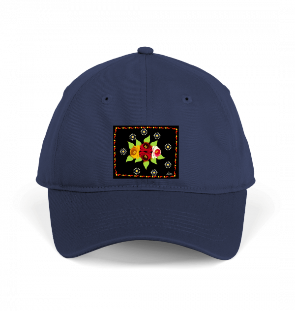 Cotton Baseball Cap: Black Roses and Daisies Canal Art