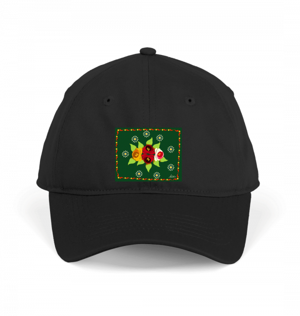Cotton Baseball Cap: Green Roses and Daisies Canal Art - Image 2