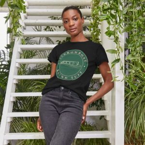 A photo of a woman wearing a black t-shirt