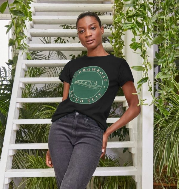 A photo of a woman wearing a black t-shirt