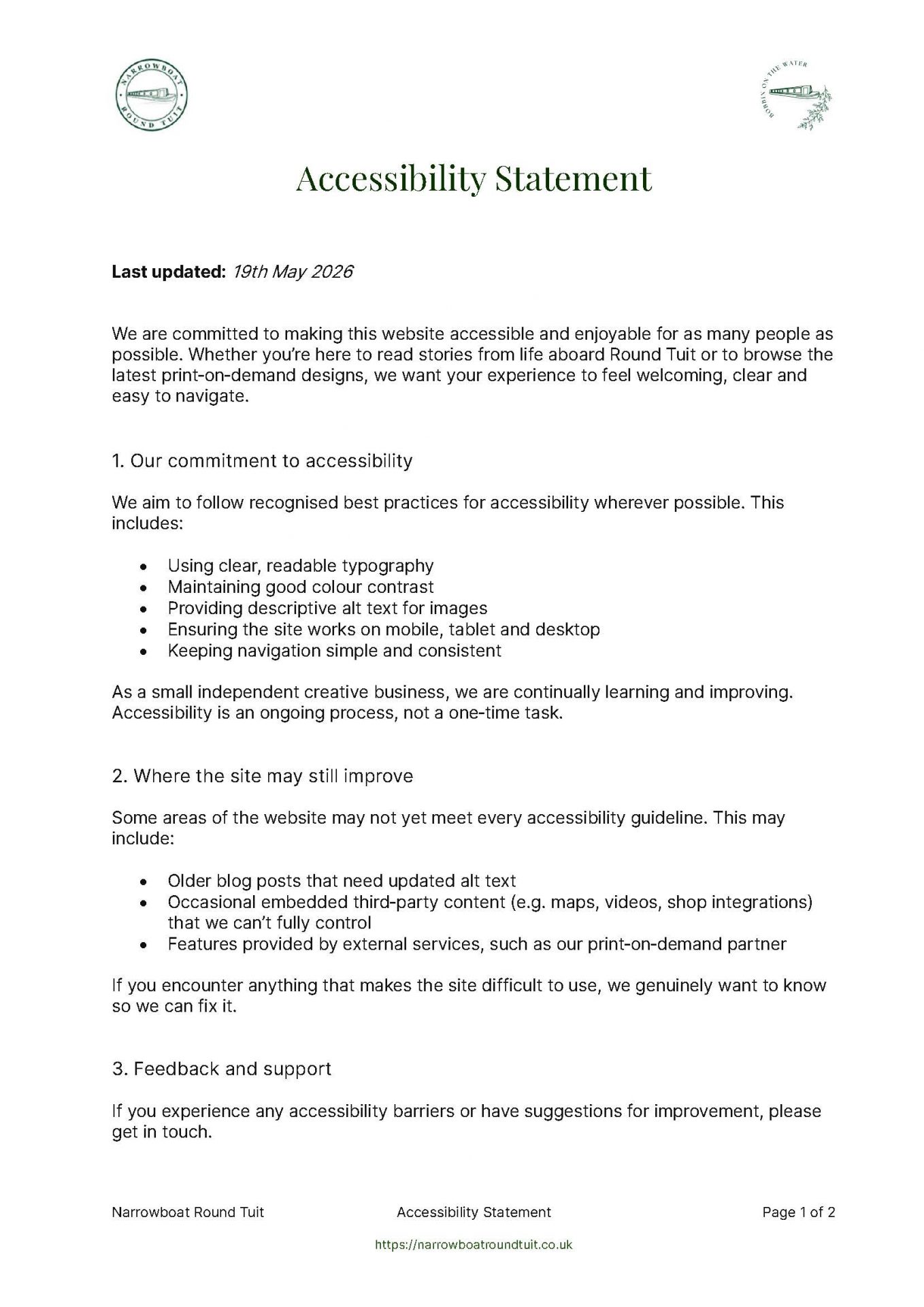 Page 1 of the Narrowboat Round Tuit website Accessibility Statement.