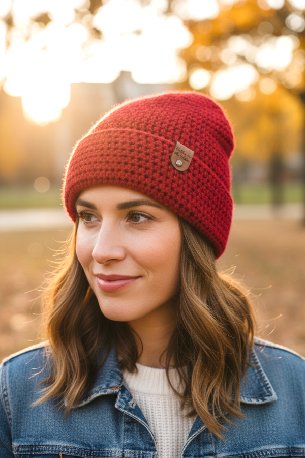 Handmade Unisex Beanie Hat: Rosehip - Image 4