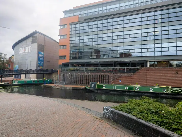 A photo of a narrowboat moored at Brindleyplace, Birmingham