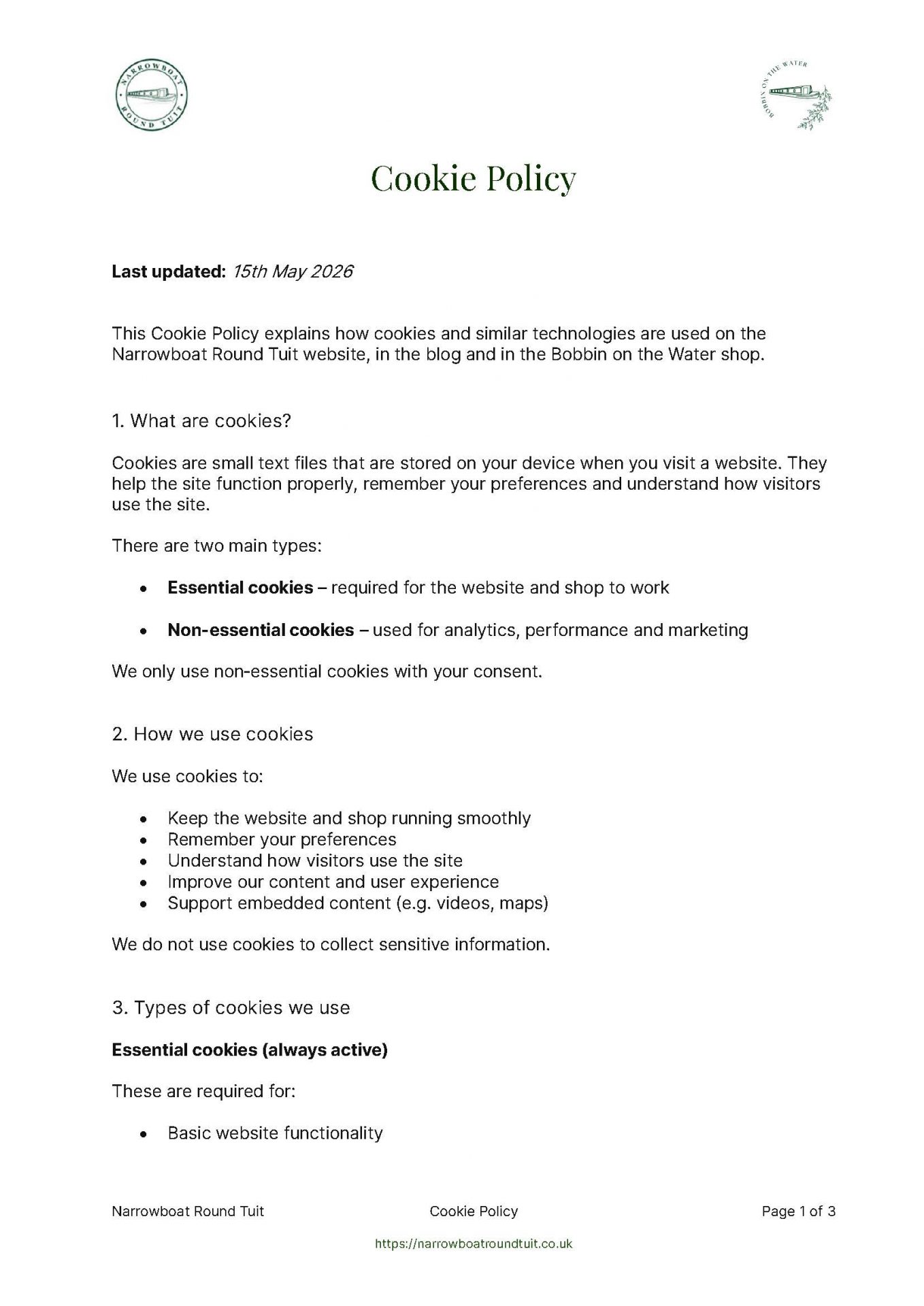 Page 1 of the Narrowboat Round Tuit website Cookie Policy.