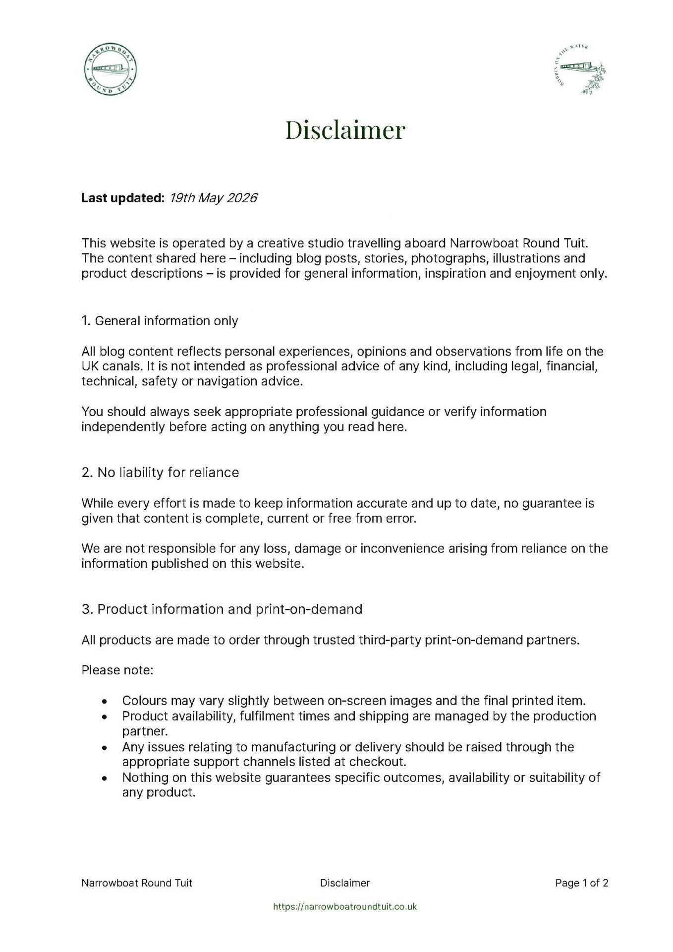 Page 1 of the Narrowboat Round Tuit website Disclaimer.