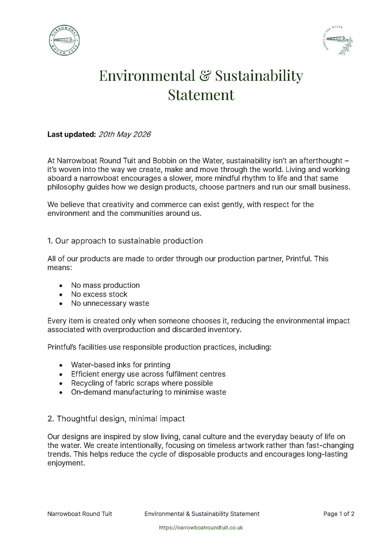 Page 1 of the Narrowboat Round Tuit website Environmental & Sustainability Statement.