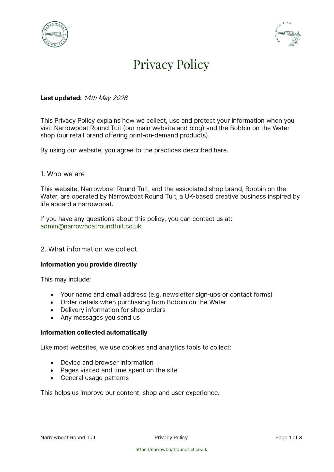 Page 1 of the Narrowboat Round Tuit website Privacy Policy.