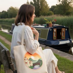 Mock-up of a model holding the Sunset Kingdom design on an oyster coloured organic cotton tote bag, with a canal and narrowboat in the background.