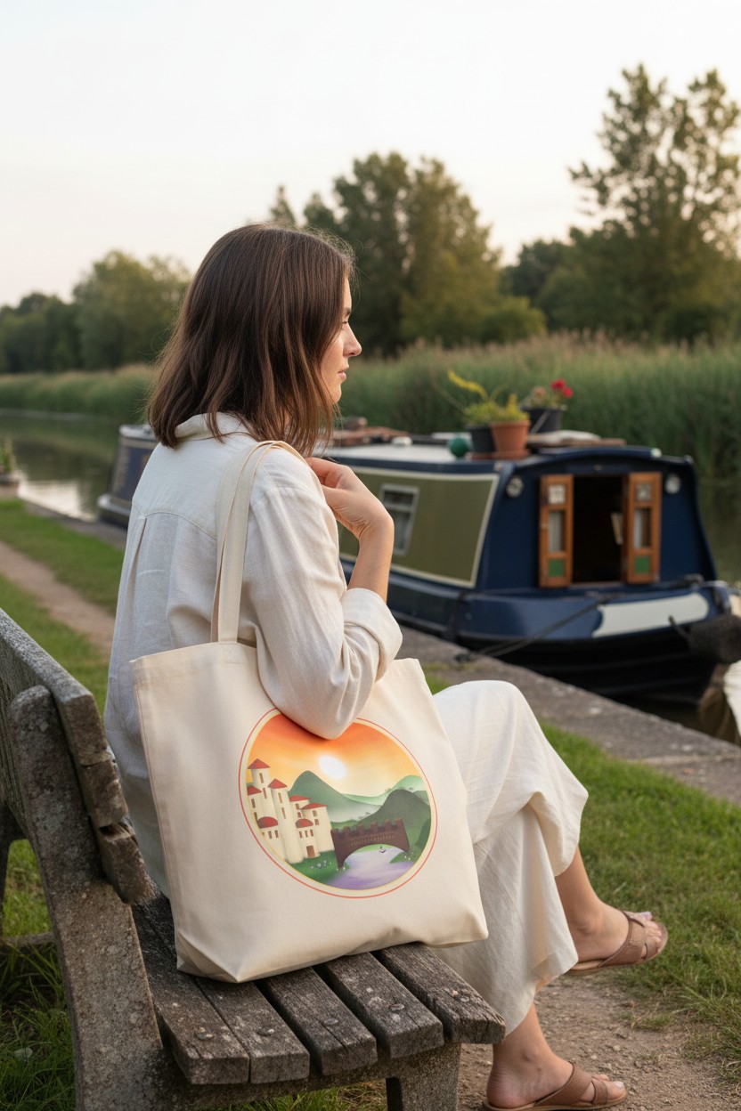 Mock-up of a model holding the Sunset Kingdom design on an oyster coloured organic cotton tote bag, with a canal and narrowboat in the background.
