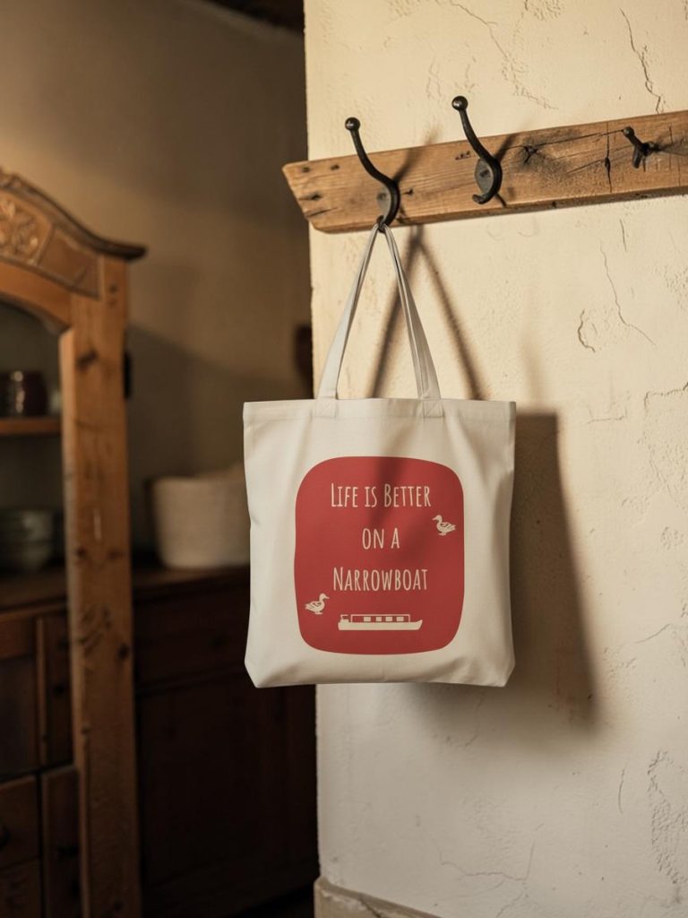 Red and Cream Cotton Tote Bag_Narrowboat Life
