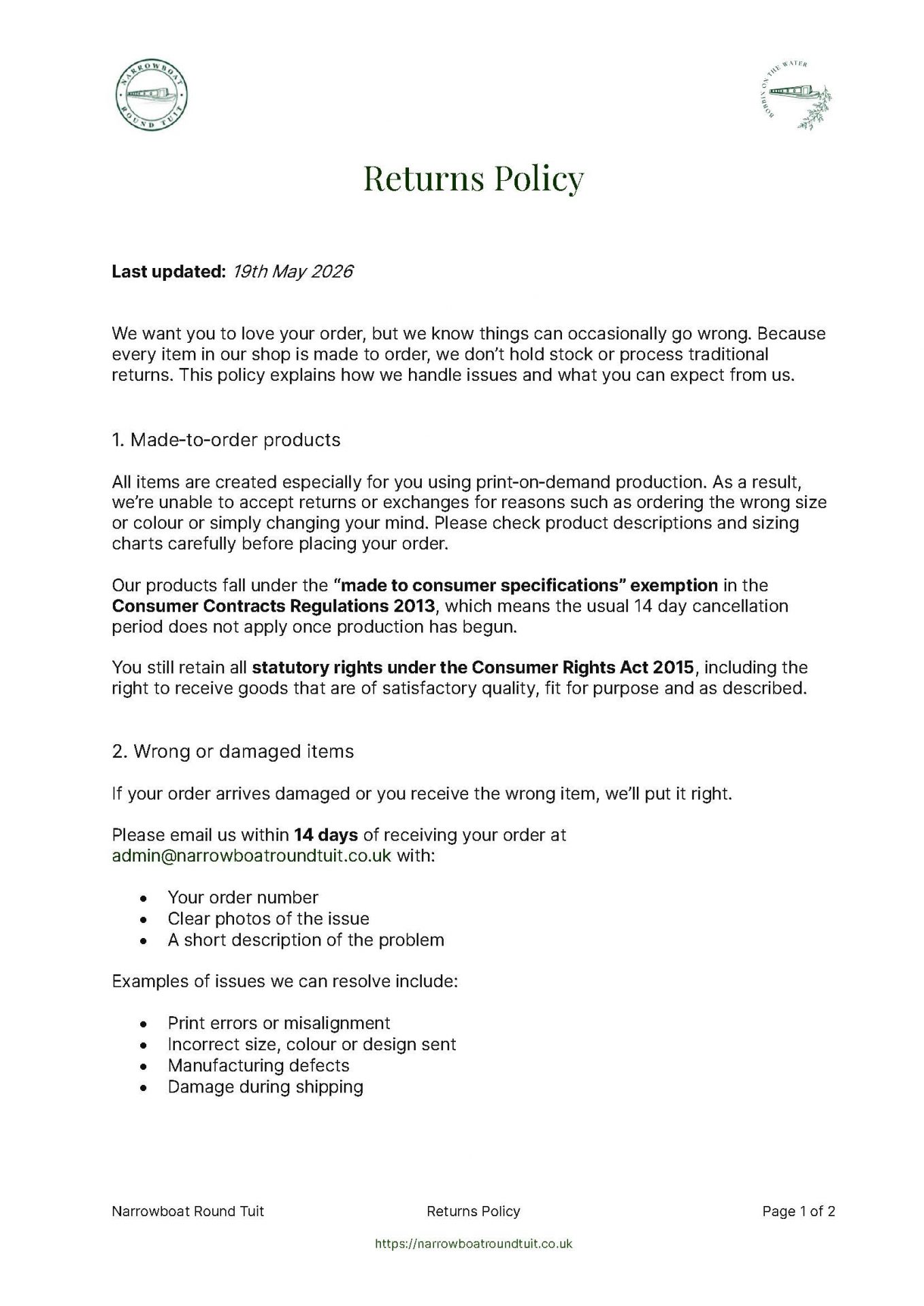 Page 1 of the Narrowboat Round Tuit website Returns Policy.