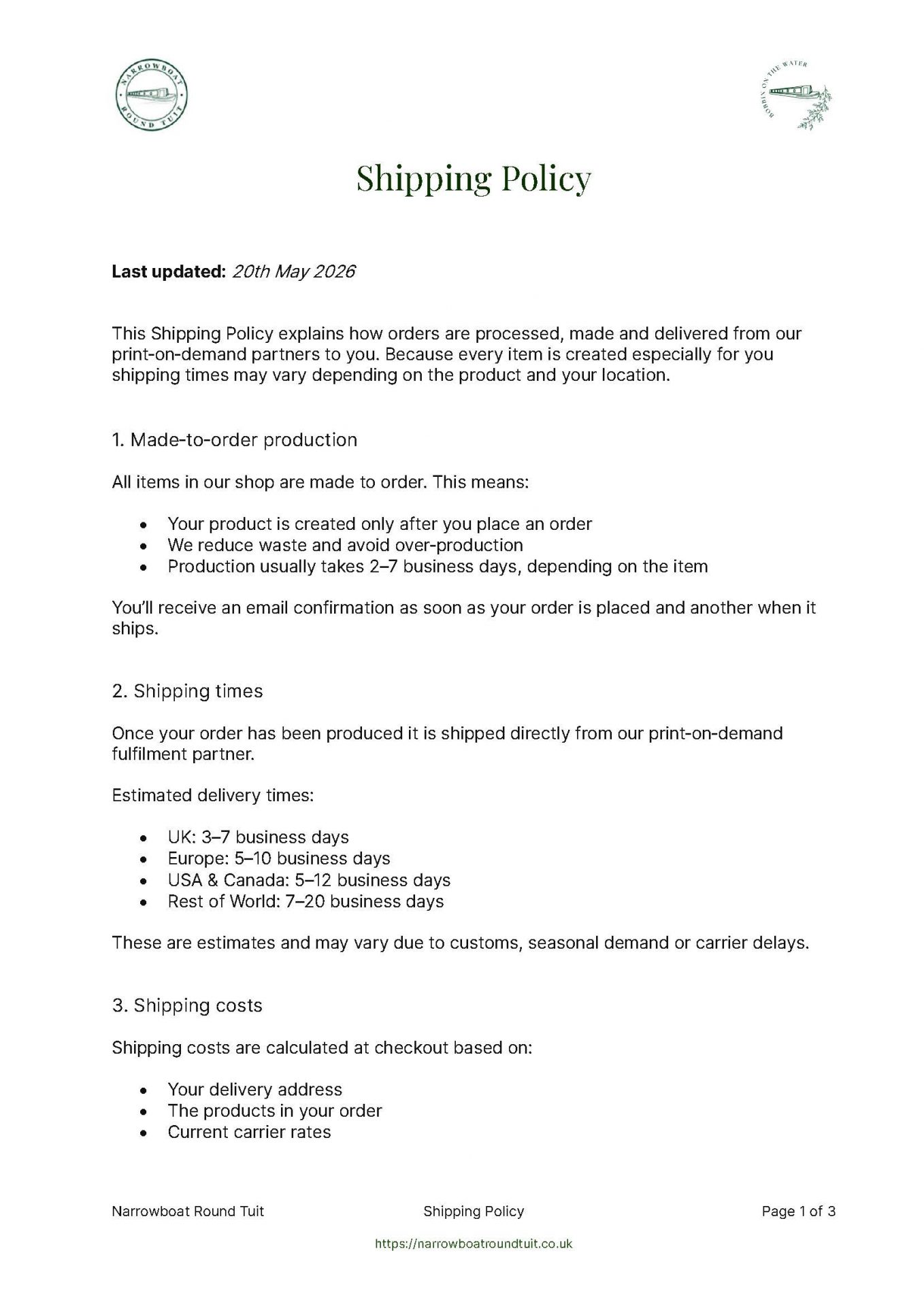Page 1 of the Narrowboat Round Tuit website Shipping Policy.