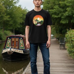 Mock-up of a model wearing the Sunset Kingdom design on a black unisex t-shirt, with a canal and narrowboat in the background.