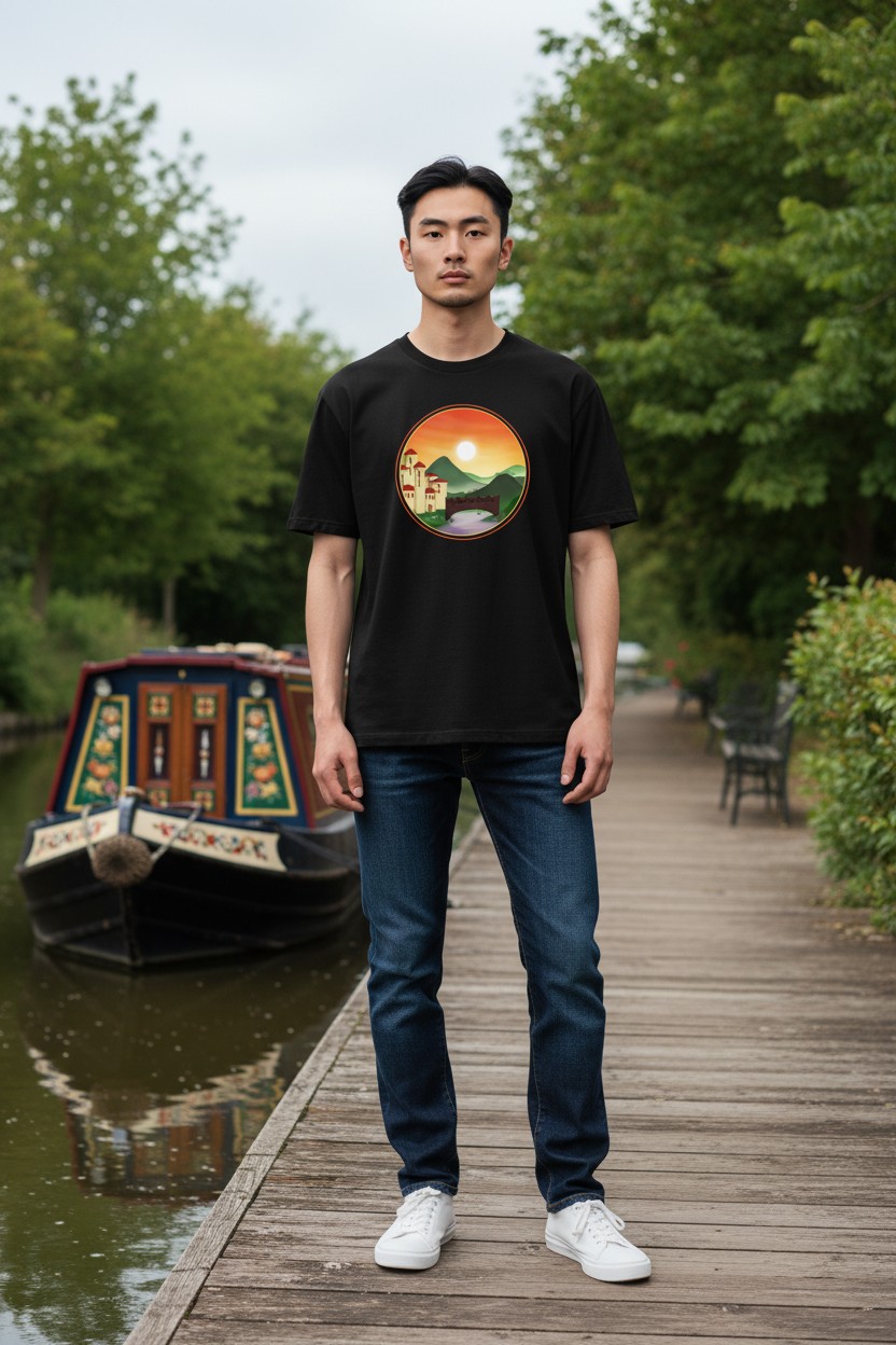 Mock-up of a model wearing the Sunset Kingdom design on a black unisex t-shirt, with a canal and narrowboat in the background.