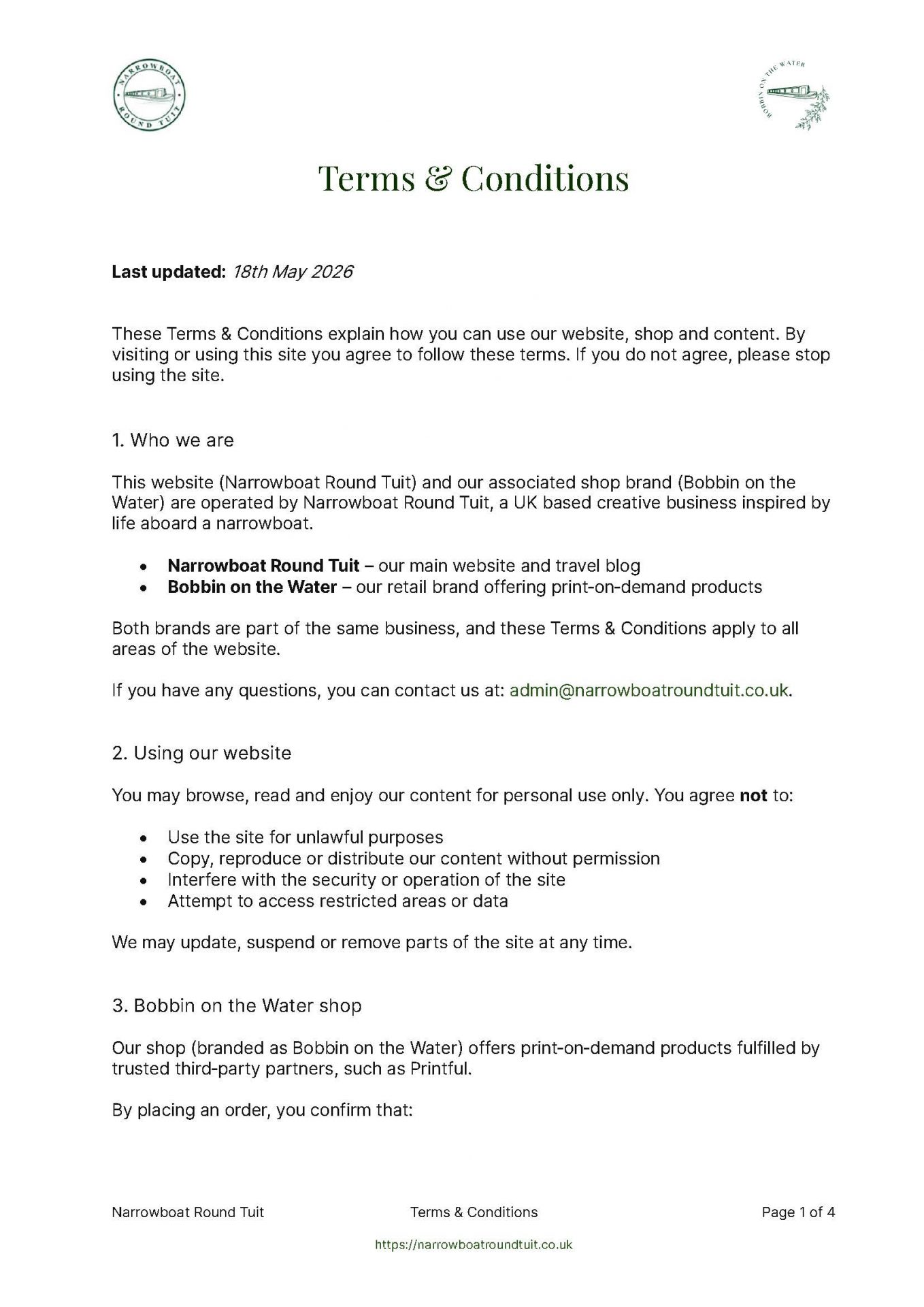 Page 1 of the Narrowboat Round Tuit website Terms & Conditions.
