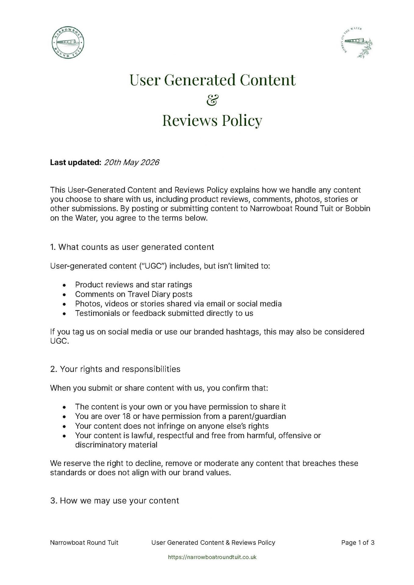 Page 1 of the Narrowboat Round Tuit website User Generated Content & Reviews Policy.