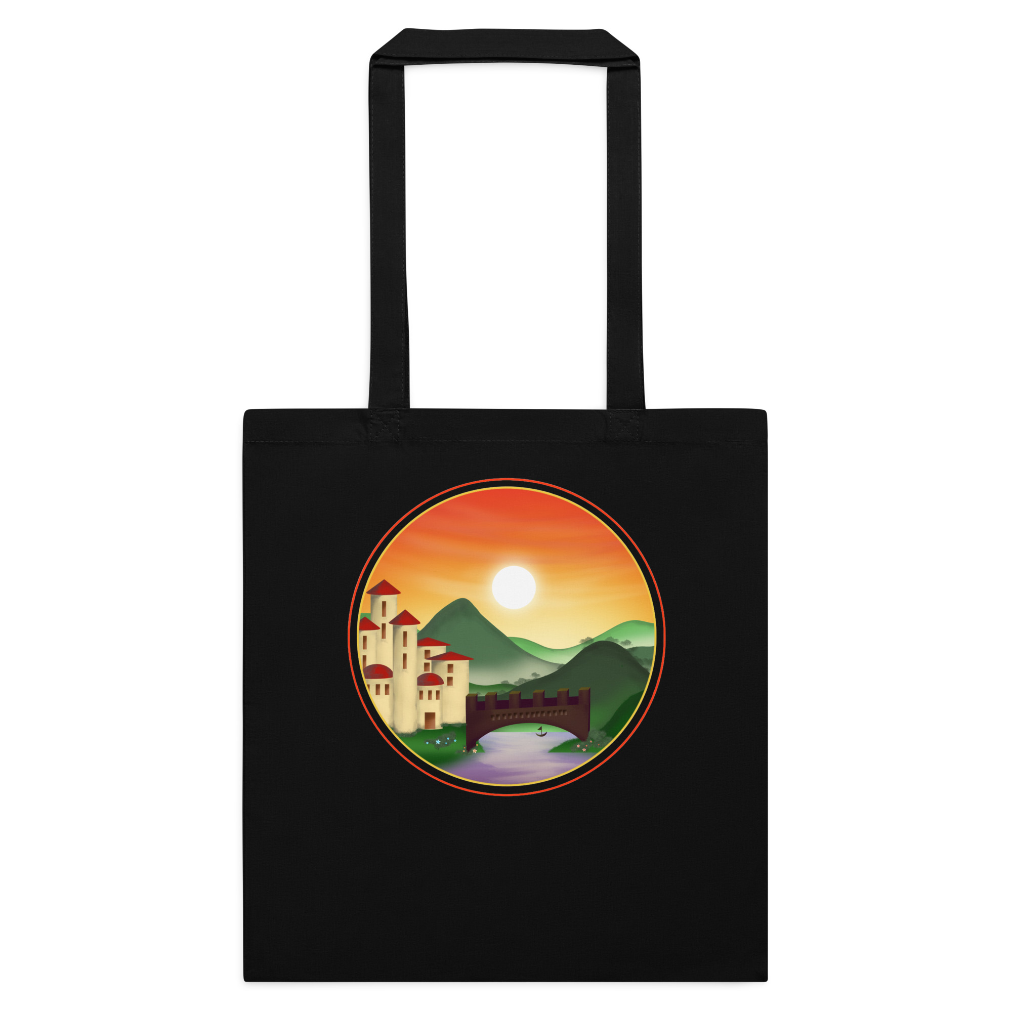 Mock-up of the Sunset Kingdom design on a black cotton tote bag.