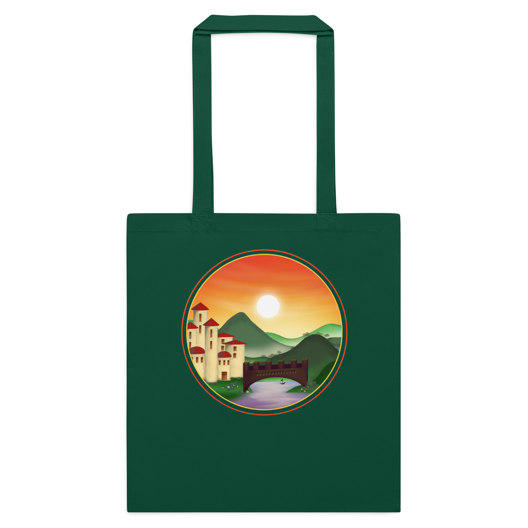 Mock-up of the Sunset Kingdom design on a bottle green cotton tote bag.