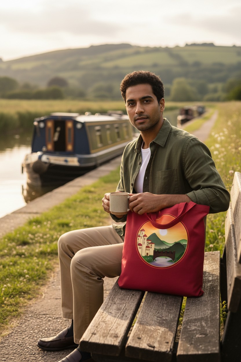 Mock-up of a model holding the Sunset Kingdom design on a classic red cotton tote bag, with a canal and narrowboat in the background.