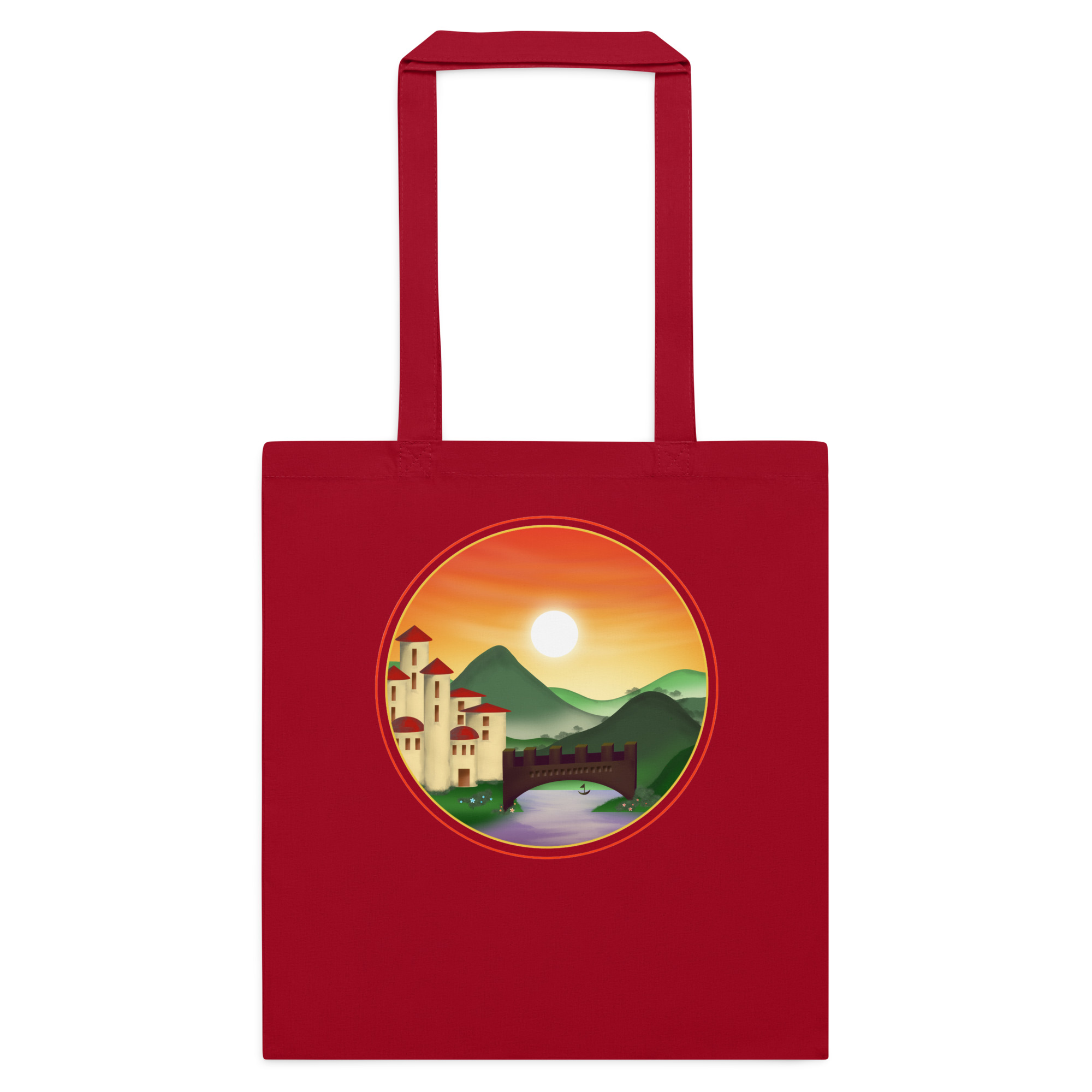 Mock-up of the Sunset Kingdom design on a classic red cotton tote bag.