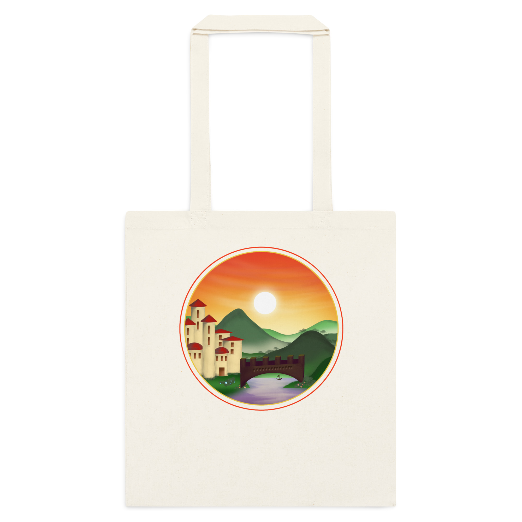 Mock-up of the Sunset Kingdom design on a natural coloured cotton tote bag.