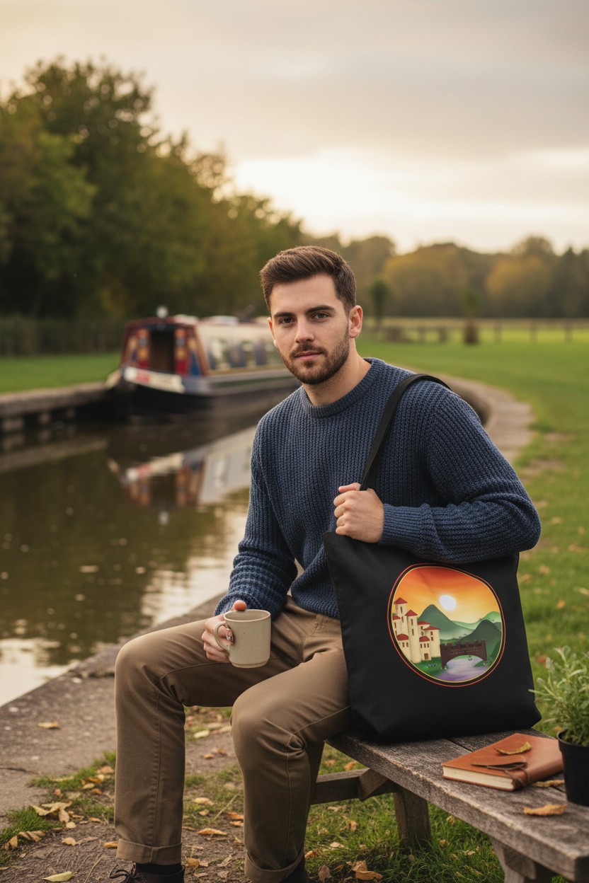 Mock-up of a model holding the Sunset Kingdom design on a black organic cotton tote bag, with a canal and narrowboat in the background.