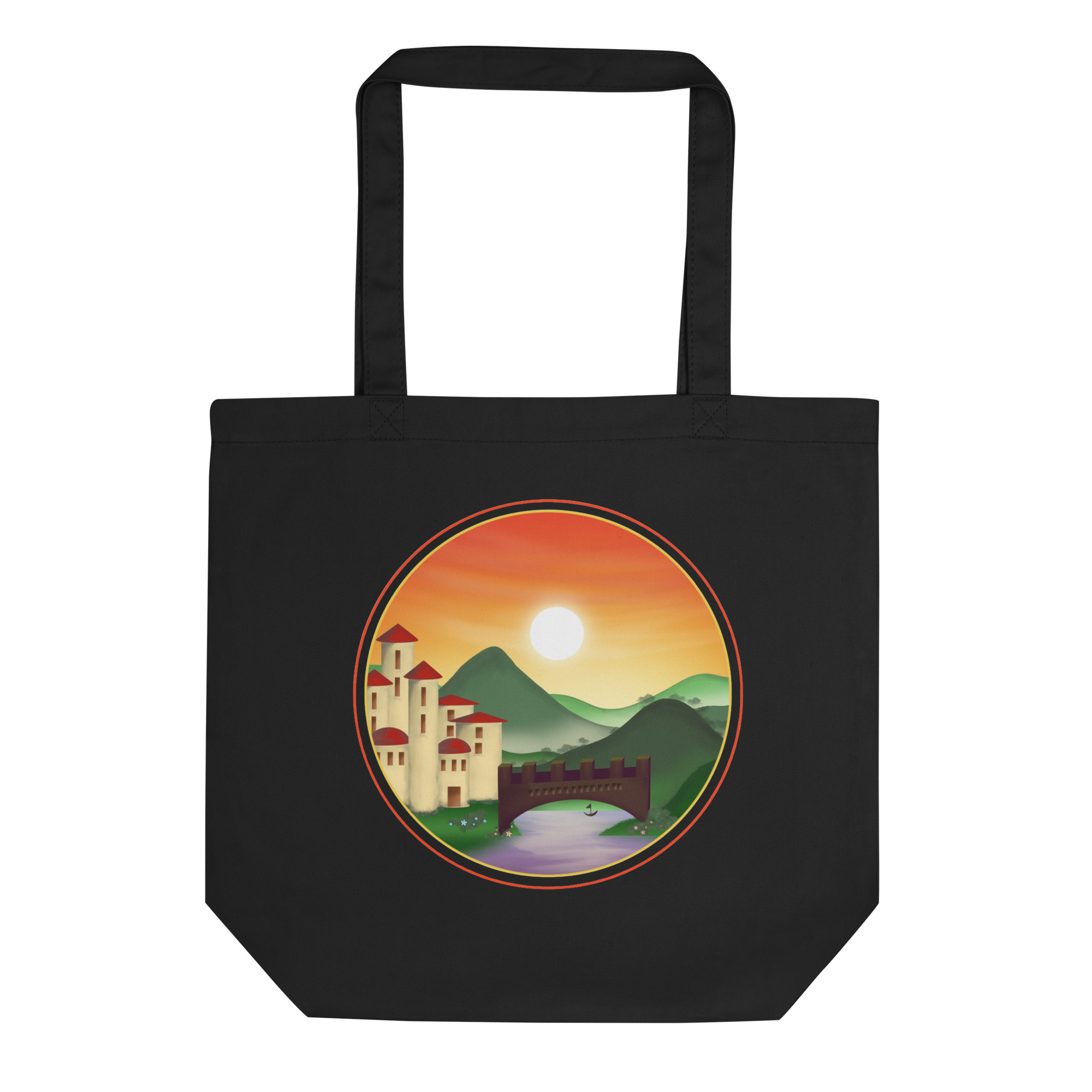 Mock-up of the Sunset Kingdom design on a black organic cotton tote bag.