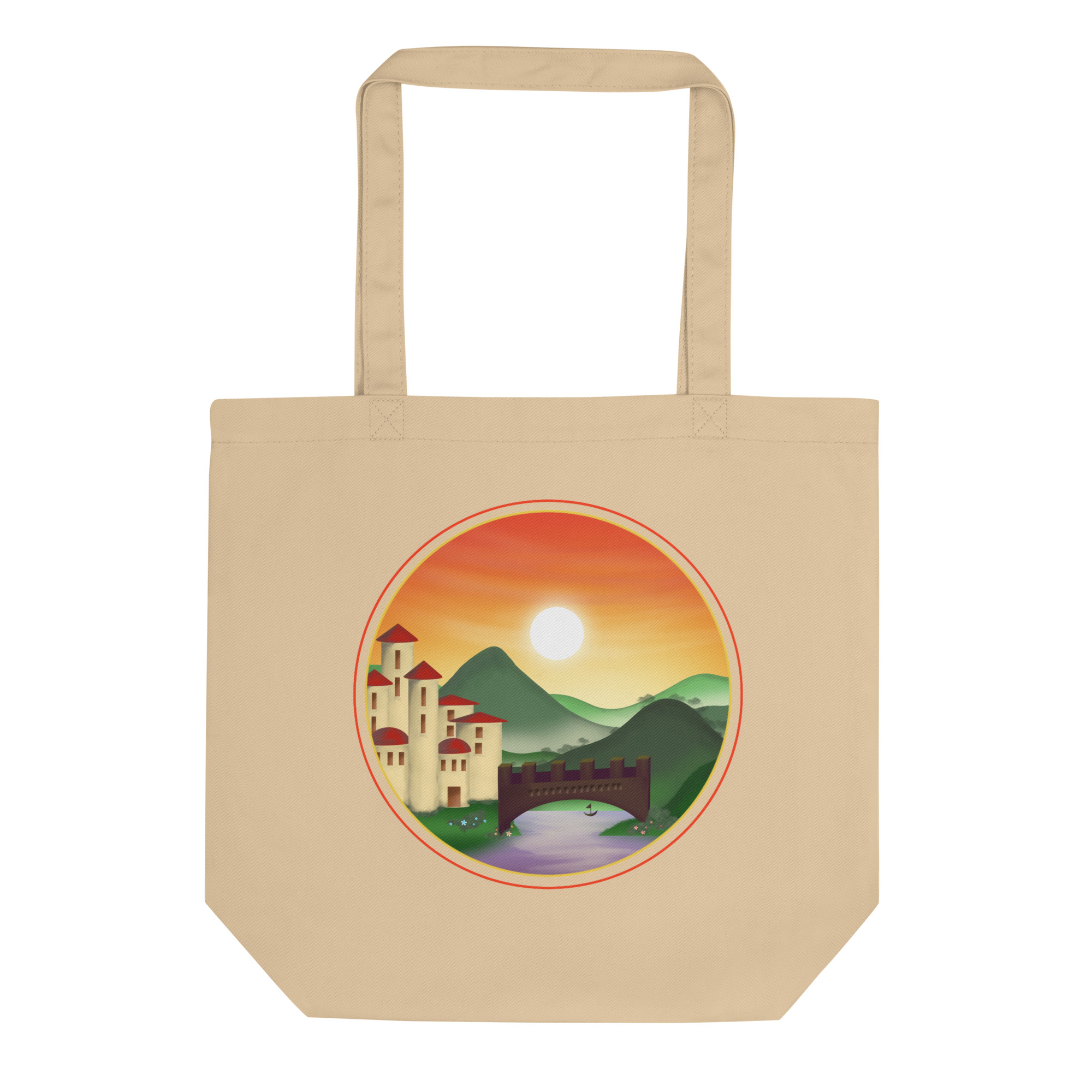 Mock-up of the Sunset Kingdom design on an oyster coloured organic cotton tote bag.