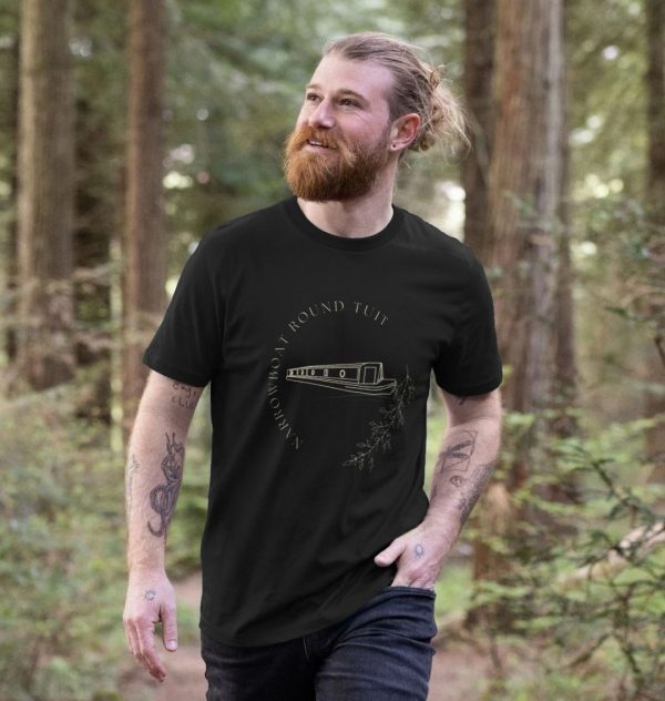 A photo of a man wearing a black t-shirt