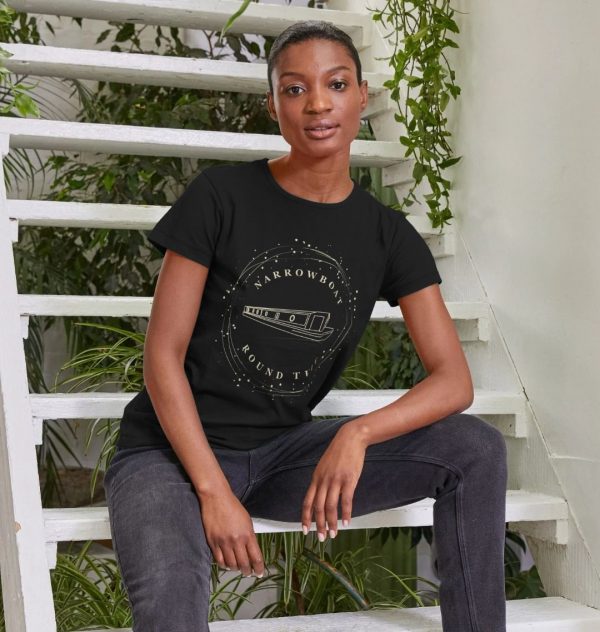 A photo of a woman wearing a black t-shirt