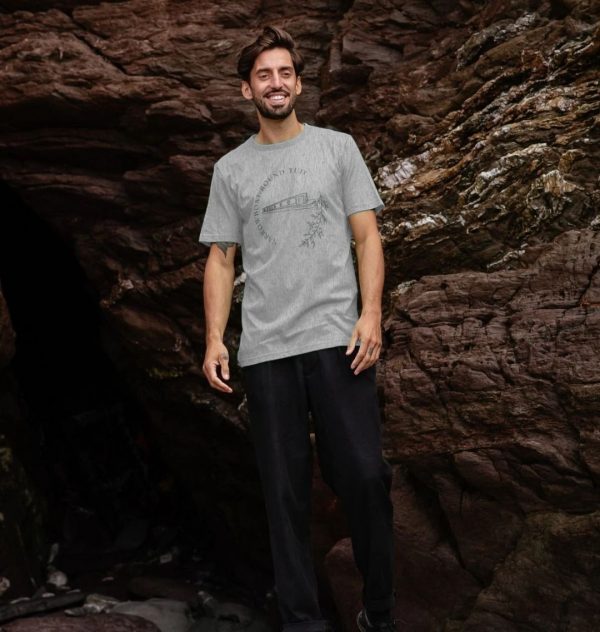 A photo of a man wearing a grey t-shirt