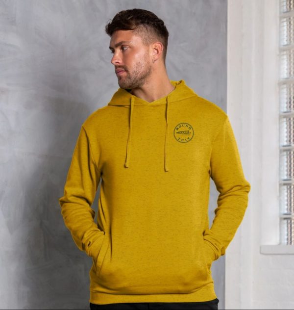 A photo of a man wearing a sunflower yellow hoodie