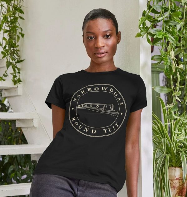 A photo of a woman wearing a black t-shirt