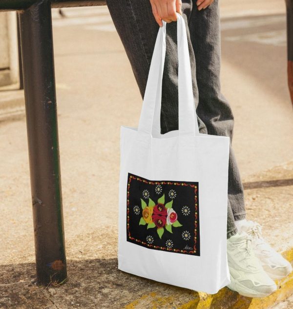 Cotton Tote Bag: Black Roses and Daisies Canal Art
