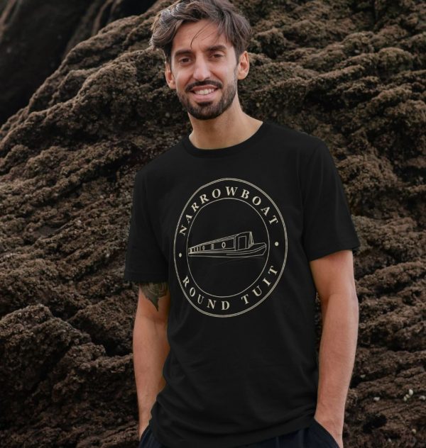 A photo of a man wearing a black t-shirt