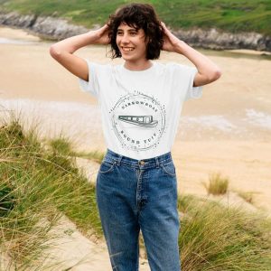 A photo of a woman wearing a white t-shirt