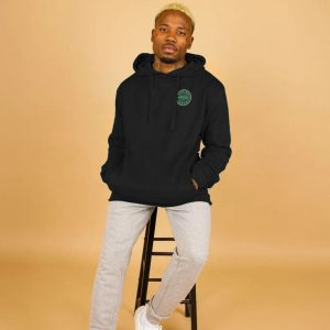 A photo of a man wearing a black hoodie