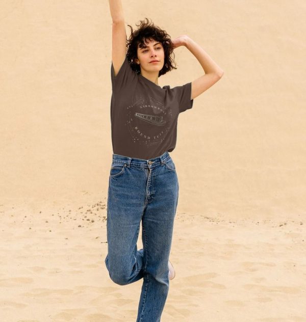 A photo of a woman wearing a chocolate coloured t-shirt