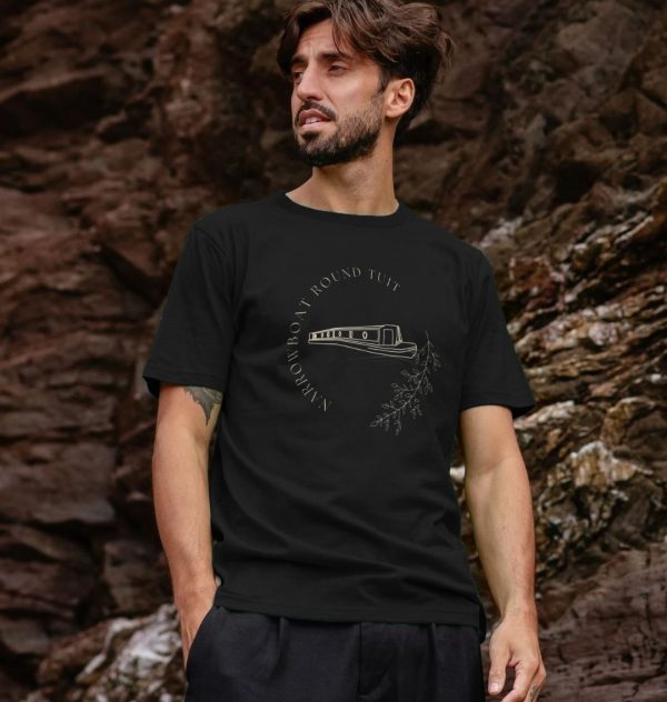A photo of a man wearing a black t-shirt