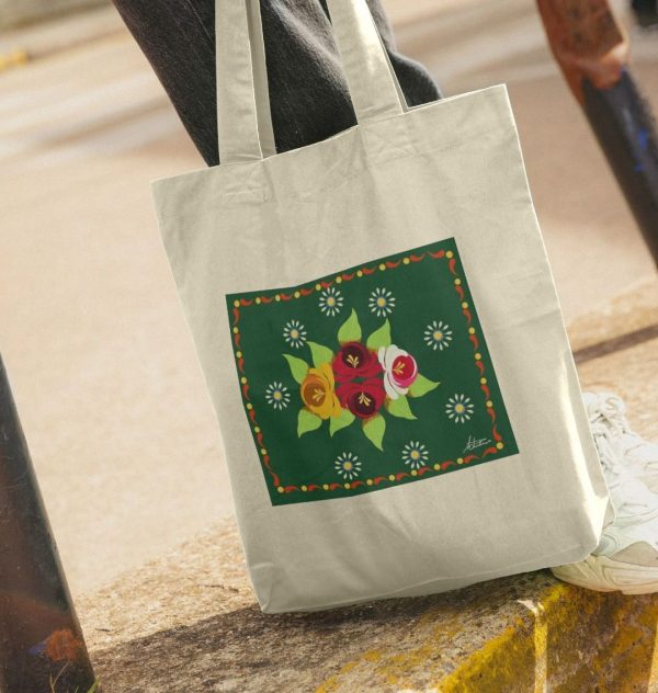 Cotton Tote Bag: Green Roses and Daisies Canal Art