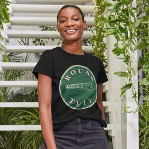 A photo of a woman wearing a black t-shirt