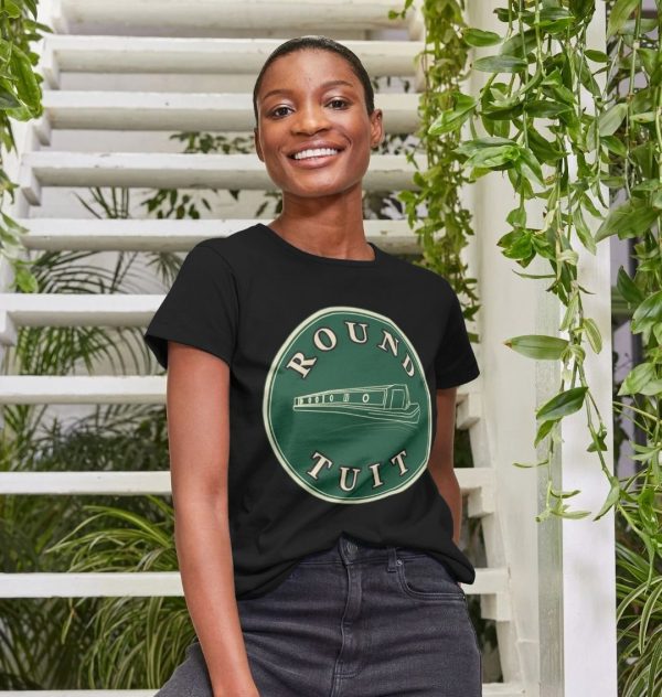 A photo of a woman wearing a black t-shirt