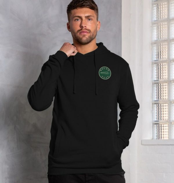 A photo of a man wearing a black hoodie