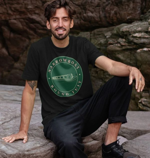 A photo of a man wearing a black t-shirt