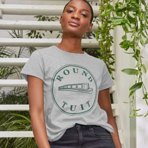 A photo of a woman wearing a grey t-shirt